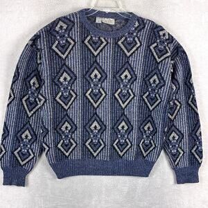 Vintage Cambio Italia Sweater Mens M Blue Geometric Wool Rayon Blend 80s Italy